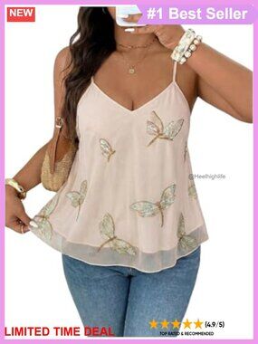 Plus Size Mesh Sequin Camisole V Neck Spaghetti Strap Summer Top